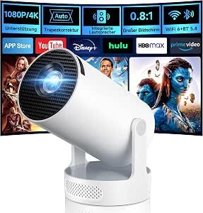 Mini Projector, Philoent Smart Projector 4K/1080P Supports Latest Apps WiFi 6 Bluetooth 5.4 Car Screen Keystone Correction Low Noise, Ultra Short Distance Projector Provides Large Image in Small